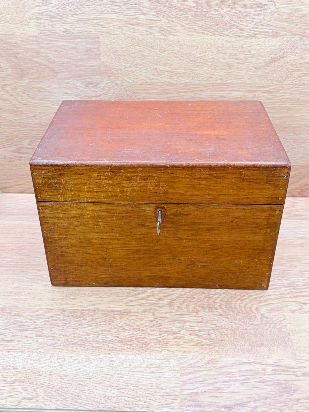 Antique Wooden Lockbox With Key Functioning Mechanics. 1910-1925 Internal Lip